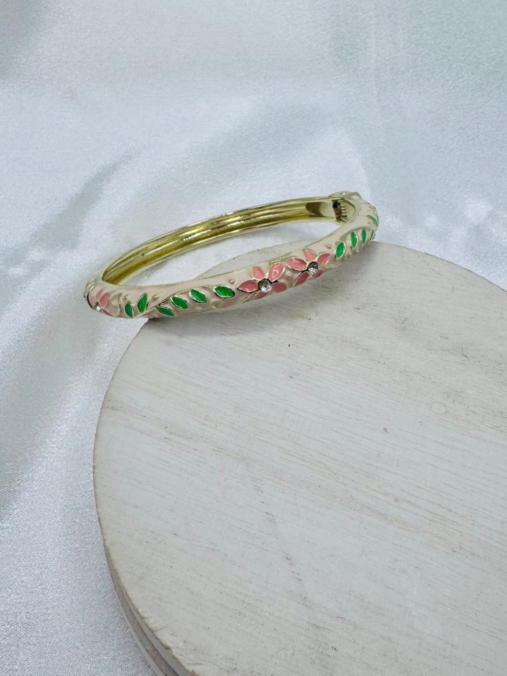 Gold-Tone Floral Enamel Bangle Bracelet in Pink & Green